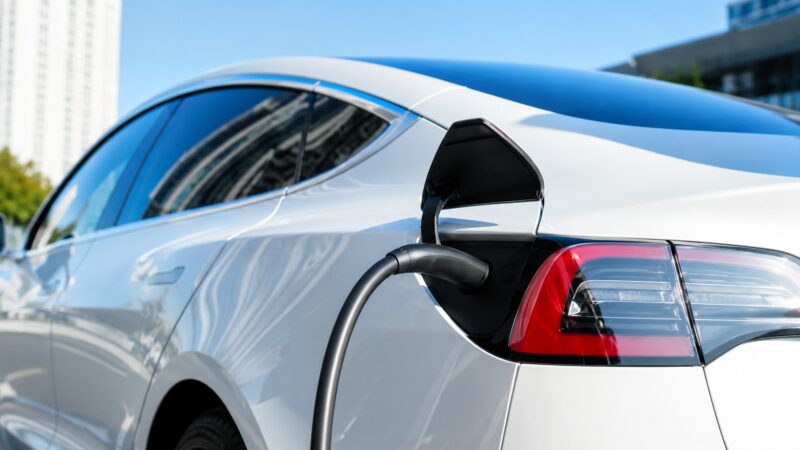 Električni automobil povezan na kabl za punjenje tokom kućnog dopunjavanja baterije