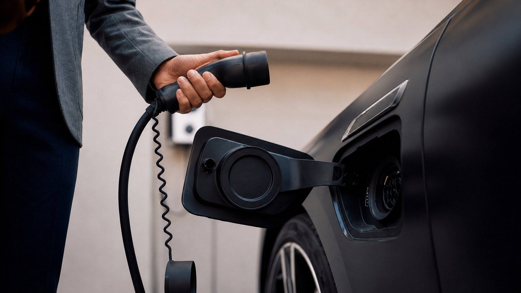 Električni automobil priključen na kućni punjač tokom punjenja baterije u garaži